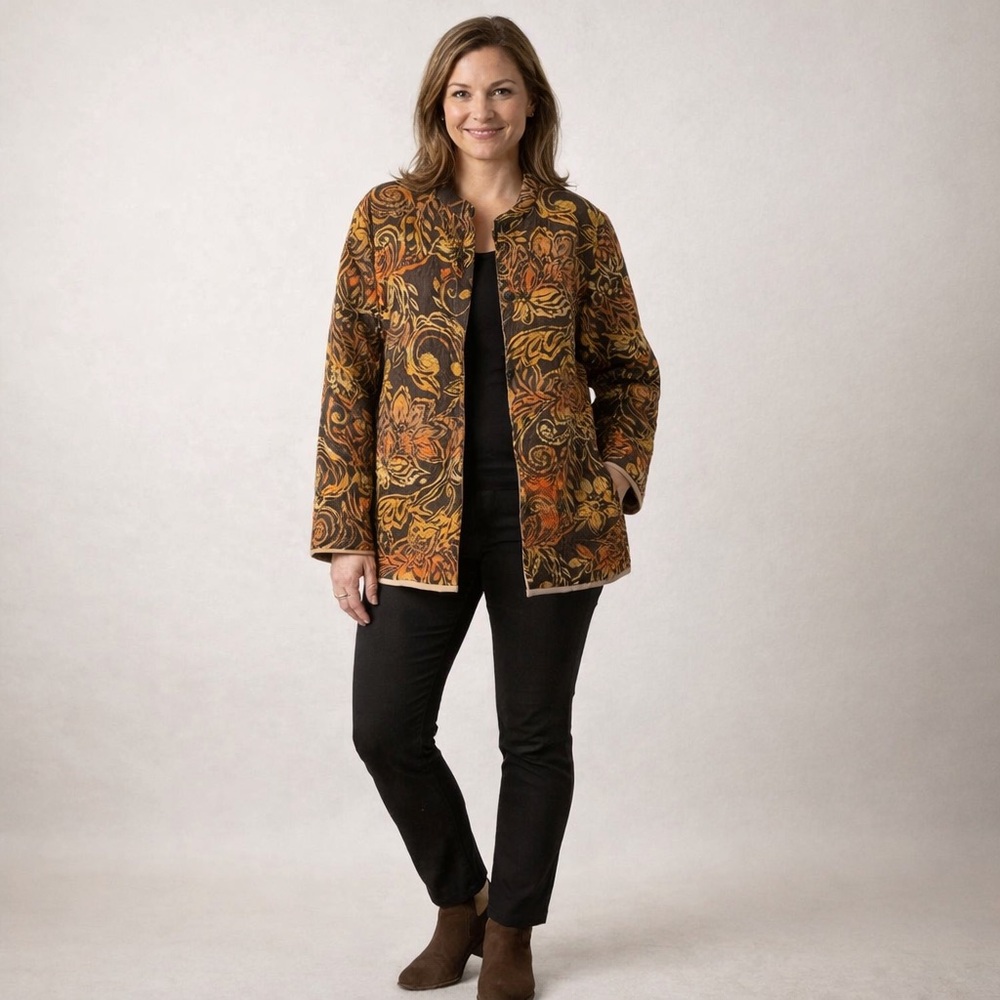 Laura Ashley‎ Woman XL Brown Orange Yellow Floral Silk Cotton Quilted Jacket